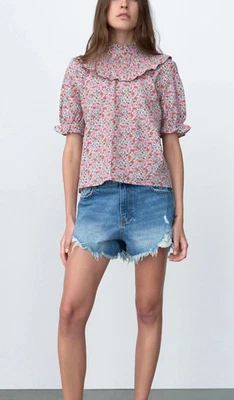 Blusa Top Zara Floral Popelina Cuello Alto Abullonada Manga Corta 2298/185 PEQUEÑA Foto 1 de 4