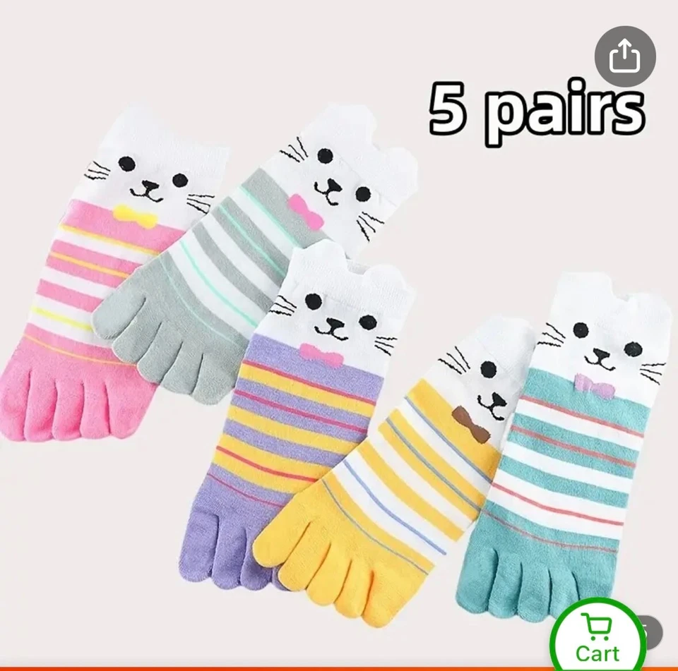 5 PAIRS NEW CAT KITTY TOE SOCKS WOMEN COLORFUL ADORABLE - Image 1 of 1