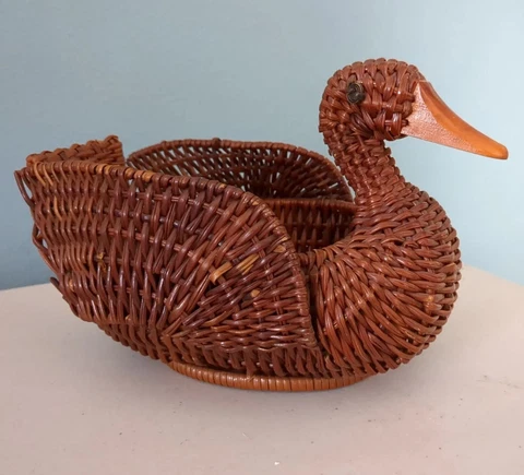Wicker Rattan Duck Basket with Wooden Beak Vintage Duck Shaped Basket 8” Long Cover