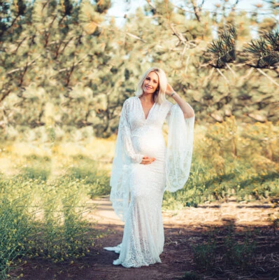 Pregnant Women's Dress Maternity Long Sleeve Lace Gown For Photography Shooting - Image 1 of 4