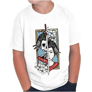 Traditional Geisha Split Face Samurai Sword Youth Crewneck T Shirts Boy or Girl - Picture 1 of 7