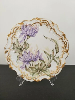 Plato de porcelana Limoges flores moradas borde dorado estrella marca D 9 1/4" Foto 1 de 4