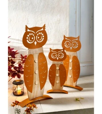 Eulenfamilie "Kauz", 3er-Set Wohnungs Deko Garten Dekoration aus Metall und Holz - Bild 1 von 4