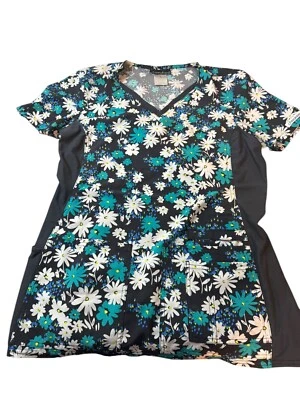 Cherokee Scrub Top Size S-Teal White Floral w/stretch Sides - Image 1 of 4