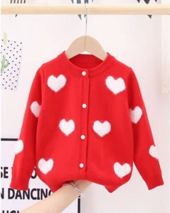 Girls Red Heart Button Down Sweater -60% Cotton Sz.6 - Picture 1 of 4
