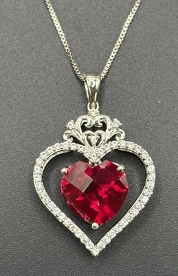 New Condition 20" Sterling Silver Lab Ruby White Sapphire Heart Pendant Necklace - Image 1 of 4