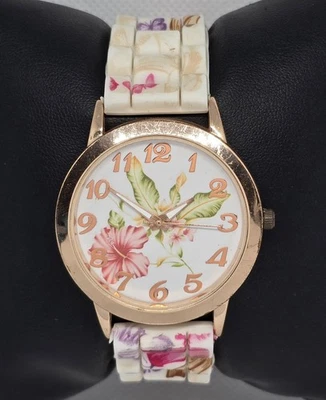 Reloj para mujer Geneva de moda redondo tono oro rosa esfera floral correa de silicona 10 Foto 1 de 4