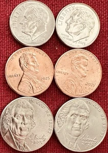Centavos Lincoln Shield 2025 P&D BU, níquel Jefferson y monedas de diez centavos Roosevelt. Lote 6 - Imagen 1 de 6