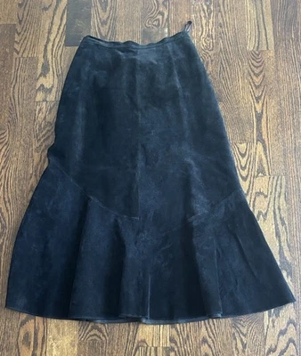 Chico's Skirt Womens 1 Black Suede Leather Trumpet Flare Midi Goth Grunge Witchy - Image 1 of 4