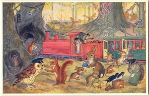 "Catching The Train" Molly Brett Fantasy Art Animals Rabbits Owl 1950s Postcard - Picture 1 of 2