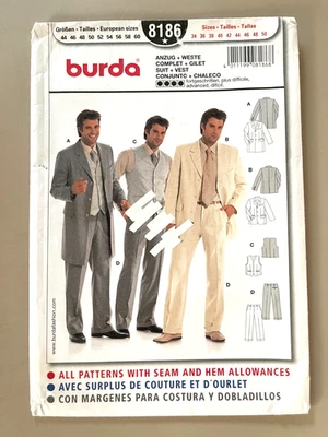 Burda Men's Suit,Vest Pattern 8186 Size 34-50 UNCUT - Image 1 of 2