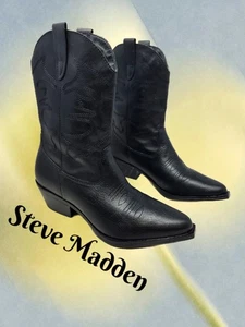 Steve Madden Womens Cowgirl Boots Sz 9M Black Leather Pull On Western Rodeo - Picture 1 of 11