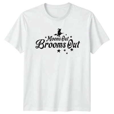 Moons Out Brooms Out Halloween Witch Graphic Mens Womens Tee - Image 1 of 4