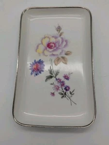 Vassoio vanità floreale vintage Guillen Madrid bordo argento rosa Dianthus - Foto 1 di 6