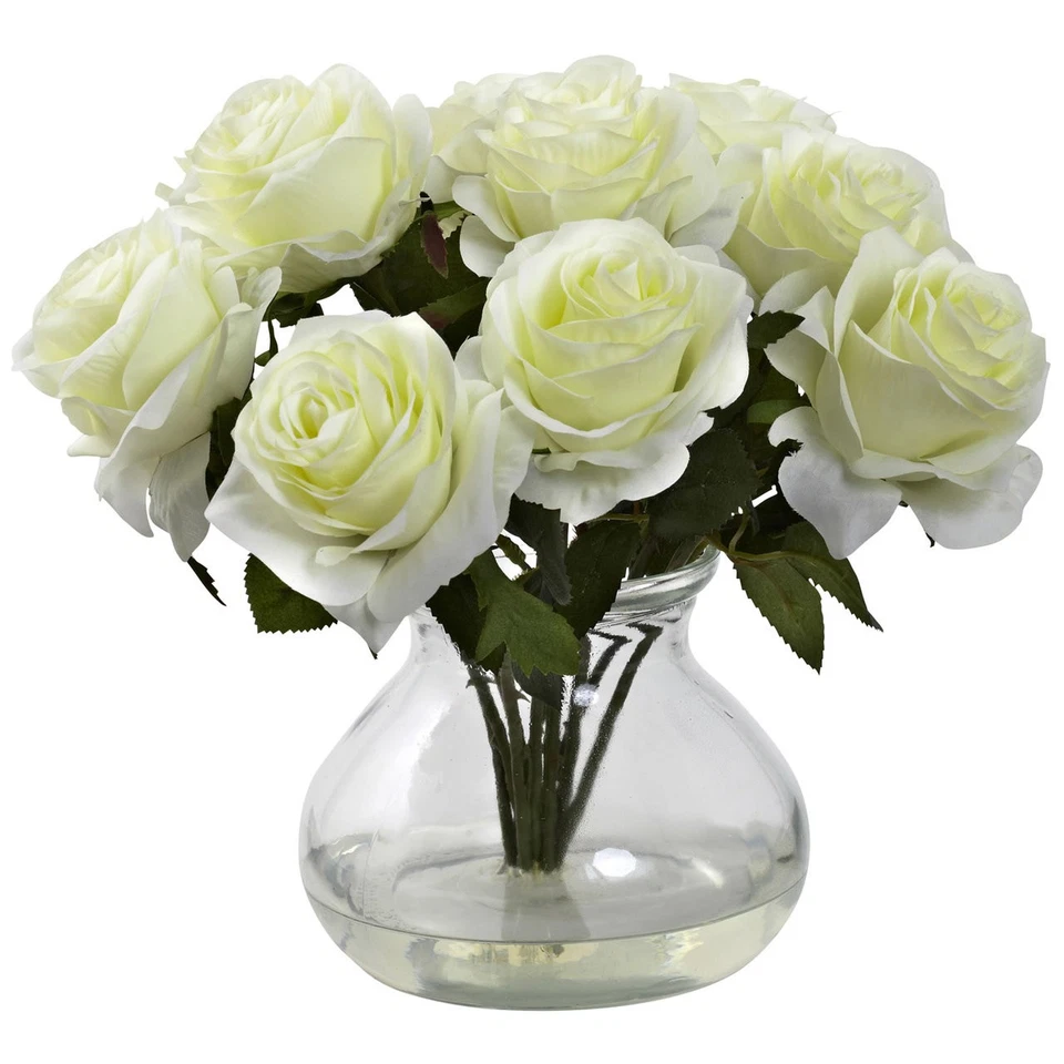 11" ARTIFICIAL SILK WHITE ROSES FLORAL FLOWER BOUQUET ARRANGEMENT w/ GLASS VASE - Image 1 of 1