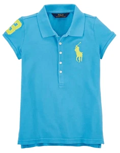 Polo Ralph Lauren Girls 7 Big Pony Stretch Cotton Shirt Blue Neon Green NEW$45 - Picture 1 of 4