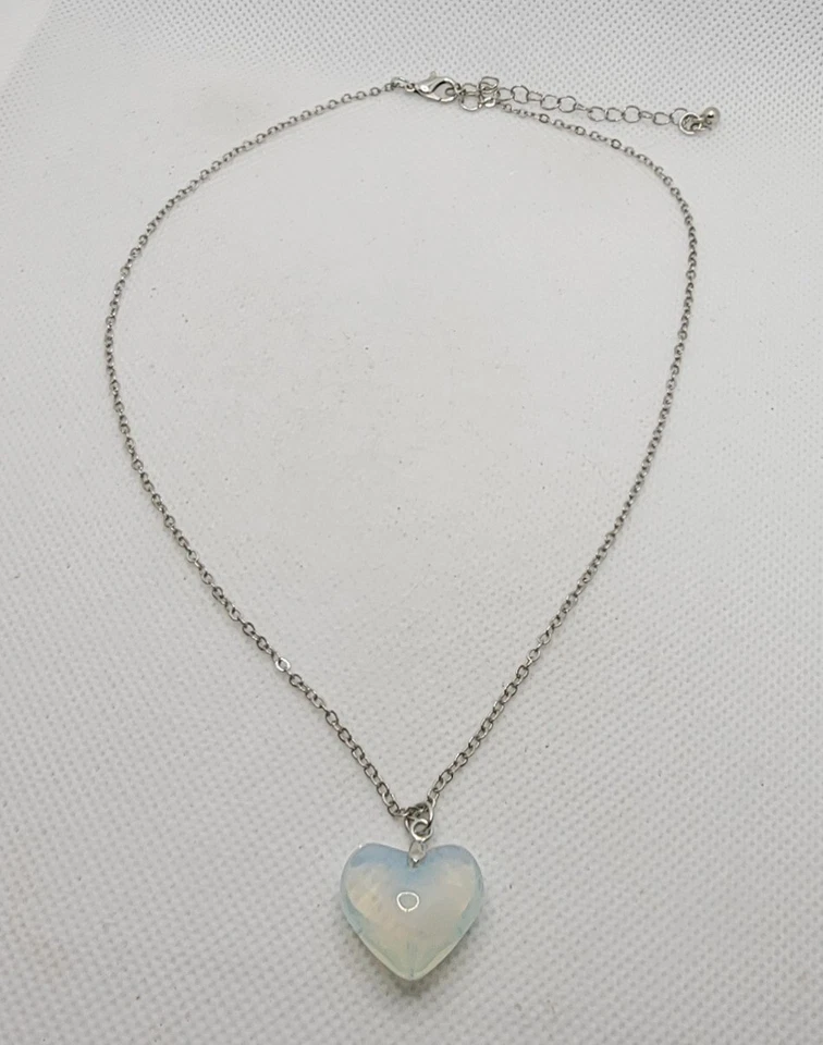 Opalite Heart Shaped Pendant Silver Tone Chain Necklace  - Image 1 of 4