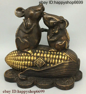 Collect China Folk Bronze Gilt Fengshui RuYi Lucky Wealth money Two Mouse Statue - Image 1 of 4