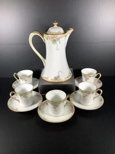 Vintage Nippon Chocolate Tea Pot W/ 5 Demitasse Cups & Saucers Hand Painted  - Picture 1 of 17