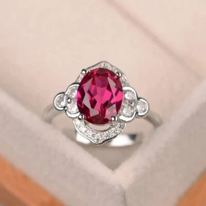 Minimal Ruby Ring Lab Created Oval Cut Gemstone 925 Sterling Silver Women Ring - Picture 1 of 4