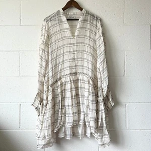 Magali Pascal 100% Silk Ruffle Plaid Long Sleeve V-Neck Dress Women's Medium - Picture 1 of 5