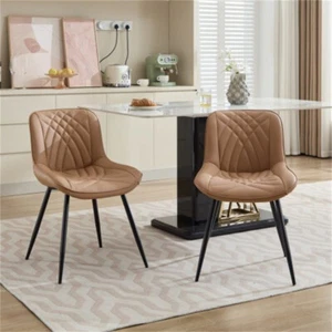 Dining Chairs Set of 2 Mid-Century Modern Khaki Upholstered PU Leather w/Back - Picture 1 of 17