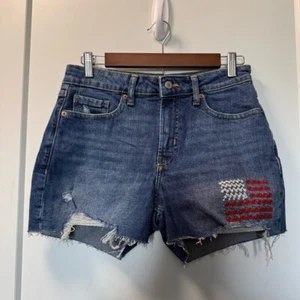 Old Navy High Waisted Cutoff Jean Denim Shorts Embroidered USA Flag Patriotic 4 - Picture 1 of 7