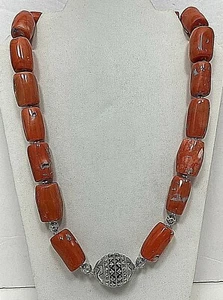 Collar de plata de ley .925 ~ 18 mm x 30 mm con cuentas de coral salmón 27" C3 - Imagen 1 de 9
