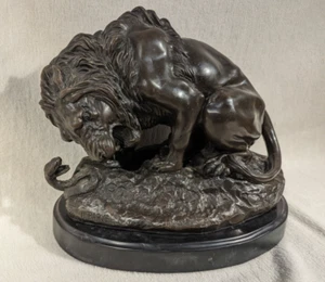 Barye Snake and Lion Bronze Marble Sculpture Statue Figurine Art Deco - Picture 1 of 6