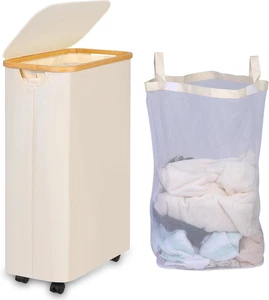 Cesto Portabiancheria 75L Con Coperchio, Cesto Biancheria Sporca Con Ruote E Man - Foto 1 di 12