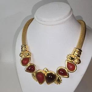 Vintage Faux Carnelian Gold Tone Red Teardrop Bib Statement Necklace Chunky 90s - Picture 1 of 23