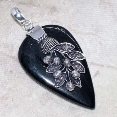 925 Silver Plated Leaf Silver Obsidian Cap Pendant Jewelry Size 2.4" GW - Image 1 of 3