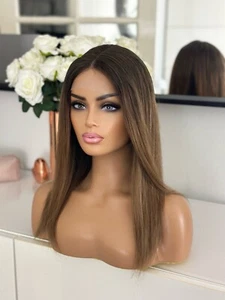 Balayage Warm Brown Mocha Brownie Roots Lace 12” Ombre 100% Human Long Hair Wig - Picture 1 of 14
