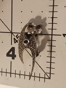 ART DECO VINTAGE STERLING Silver 925 marcasite onyx cat pin brooch CUTE CAT! - Picture 1 of 9