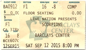 THE SCORPIONS BARCLAYS CENTER NY 12 DE SEPTIEMBRE. Boleto de concierto Live Nation 2015 - Imagen 1 de 3