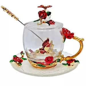 Elegante juego de tazas de té de vidrio con tapa, cuchara y platillo detalles mariposas y florales nuevo en caja - Imagen 1 de 24