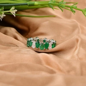 Eternity Ring SI/H Pear Diamond Zambian Emerald 18k Solid White Gold 6.55 Tcw - Picture 1 of 10
