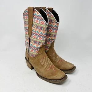 Ranchers Woman’s Boots 6 ½ Brown Leather w/ Colorful Cloth Uppers Western Cowboy - Picture 1 of 12