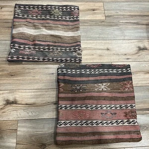 Vintage Turkish Tan Carpet Rug Pillow Cover Set of Two Sofa Wool Cushion - Picture 1 of 20