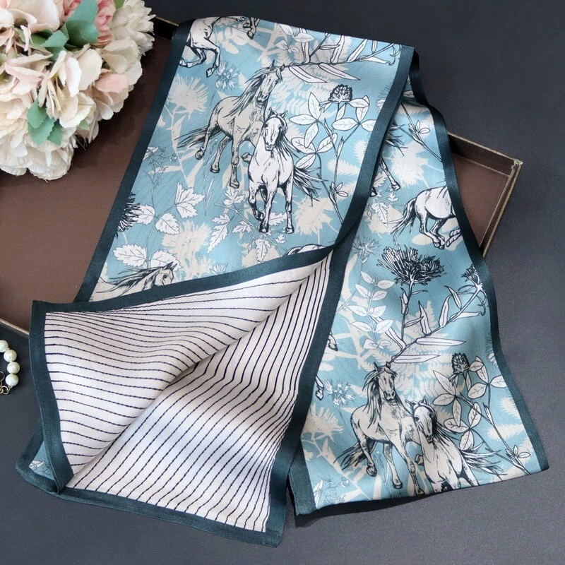 Bufanda oblonga cuello doble capa estampado caballos chal seda morera 100 % azul 145 cm Foto 1 de 4
