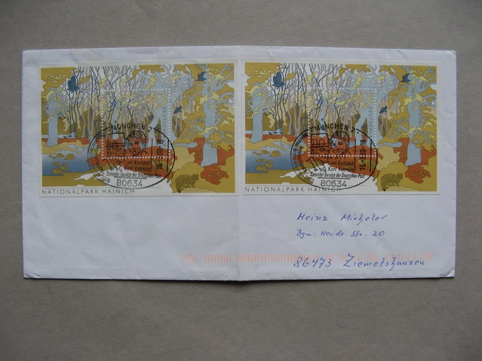 ALEMANIA BRD, cubierta 2000, 2x S/S Nat Park Hainich, gato pájaro búho bosque árboles Foto 1 de 1