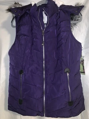 Green Tea Puffer Hooded Vest Purple Fleece Lined  Full Zip Quilted Pockets M - Image 1 of 4