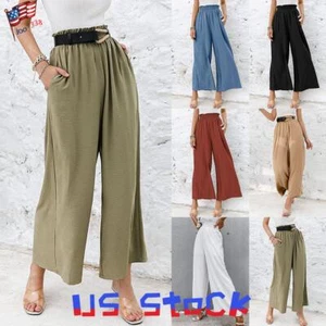 Women High Waist Baggy Wide Leg Pants Ladies Casual Culottes Palazzo Trousers US - Picture 1 of 15