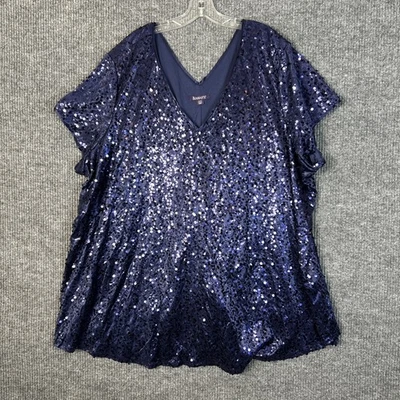 Roaman's Womens Sequin Blouse Plus Size 34W Blue Short Sleeve Festive Holiday - Image 1 of 4