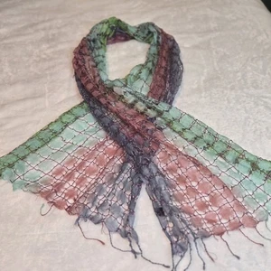 Vintage Waffle Weave Scarf  100% Silk Pastel Rainbow Colored Boho - Picture 1 of 3