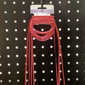 Pink & Red 80s Braided Ribbon Barrettes & 20 Pink & Red Jelly Bracelets - Picture 1 of 1