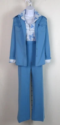 VTG 1960s MOD ALEX COLMAN LEISURE PANT SUIT BLUE FLORAL BLOUSE SIZE 12 - Image 1 of 4