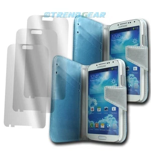 2X WALLET CASE COVER+SCREEN PROTECTOR FOLDING PU LEATHER BLUE GALAXY S IV I9500 - Photo 1 sur 2