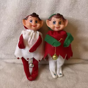 Vintage Christmas Elves Plastic Face Felt Wire Arms and Legs 7.5” Tall - Picture 1 of 4