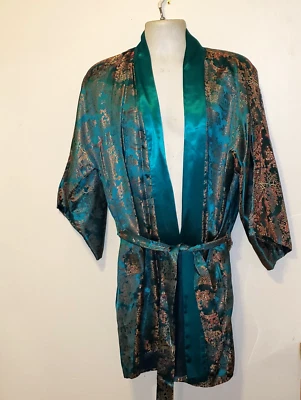 Bata Kimono Oriental Vintage Años 60 Hong Kong Turista Seda Brocado L Unisex Verde Foto 1 de 4